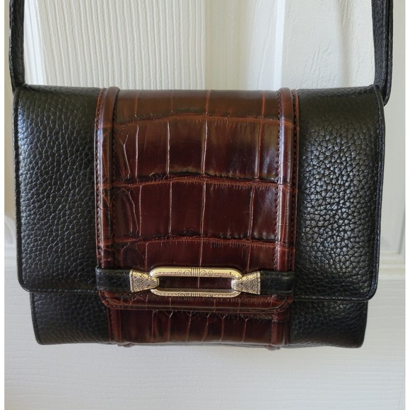 Brighton Handbags - Brighton Pebbled Leather  Faux Alligator Black Brown Crossbody Bag Wallet